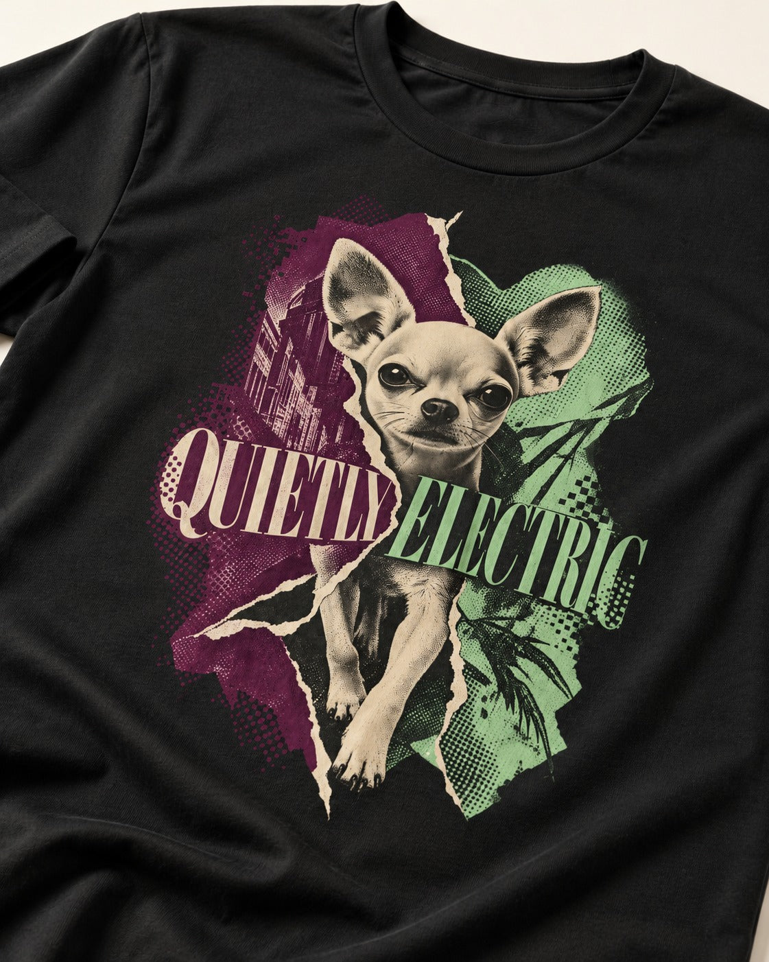 Chihuahua Quietly Electric T-Shirt in Black, close-up of the graphic