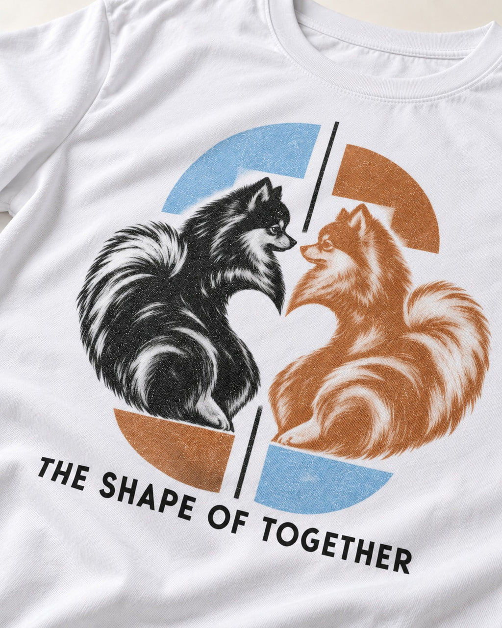 Pomeranian The Shape of Together T-Shirt in White, close-up of the graphic