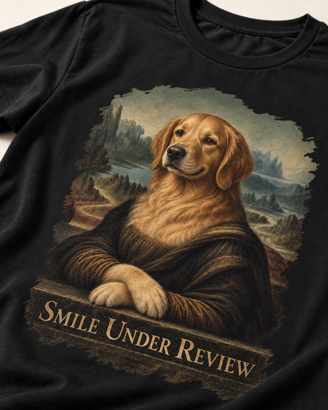 Smile Under Review Renaissance Portrait Golden Retriever Graphic T-Shirt in Black, close-up of the graphic