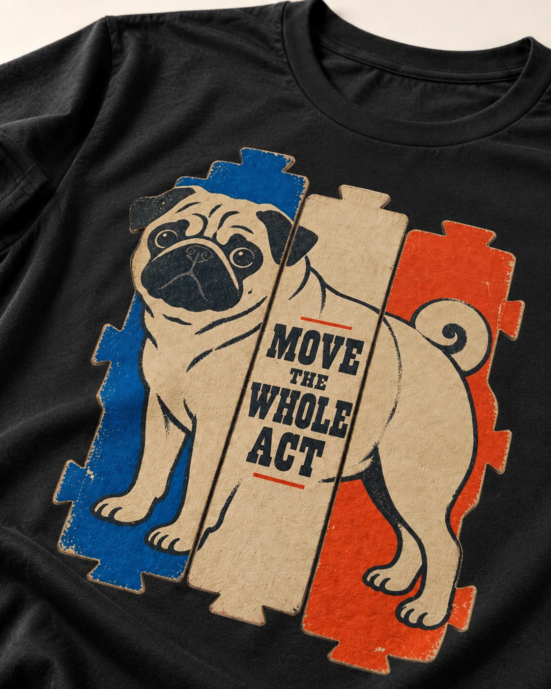 Pug Move the Whole Act Color Block Graphic T-Shirt in Black, close-up of the graphic