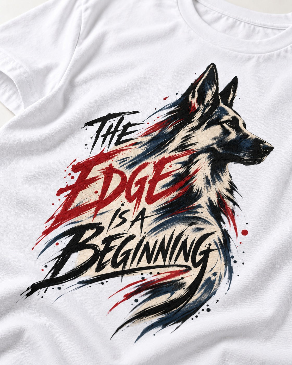 Edge Is a Beginning German Shepherd Dog T-Shirt in White, close-up of the graphic