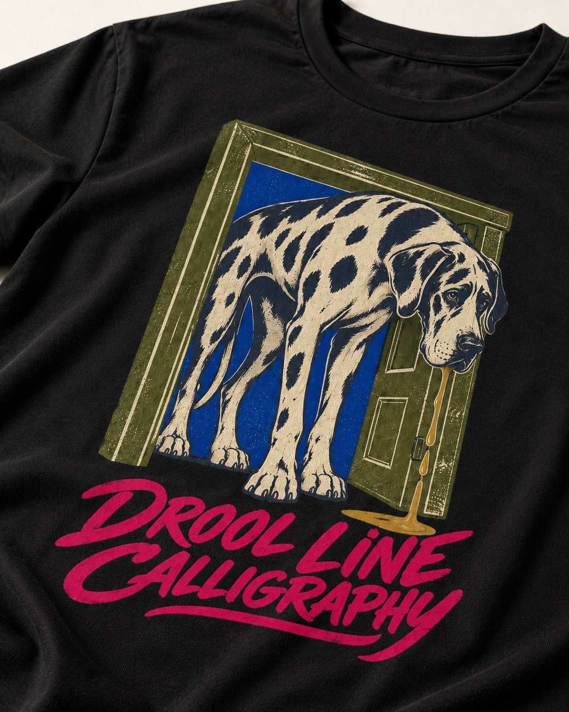 Great Dane Drool Line Calligraphy Doorway Graphic T-Shirt in Black, close-up of the graphic