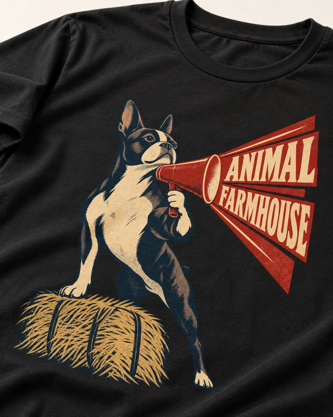 Animal Farmhouse Boston Terrier T-Shirt in Black, close-up of the graphic