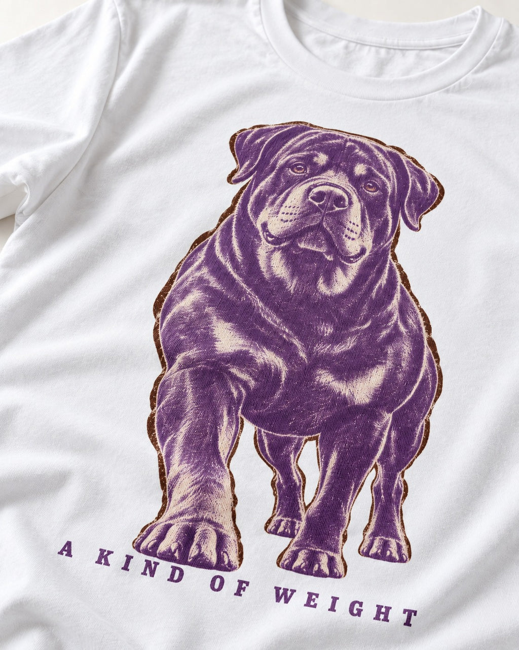 Rottweiler A Kind of Weight T-Shirt in White, close-up of the graphic