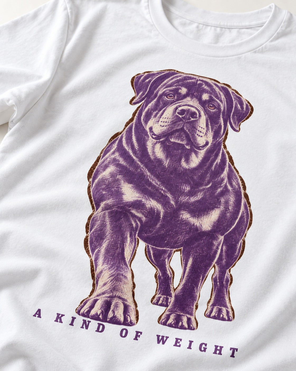 Rottweiler A Kind of Weight T-Shirt in White, close-up of the graphic