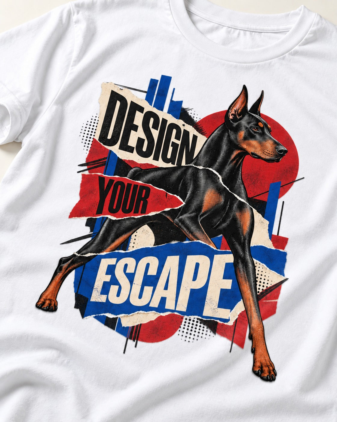 Doberman Escape T-Shirt in White, close-up of the graphic