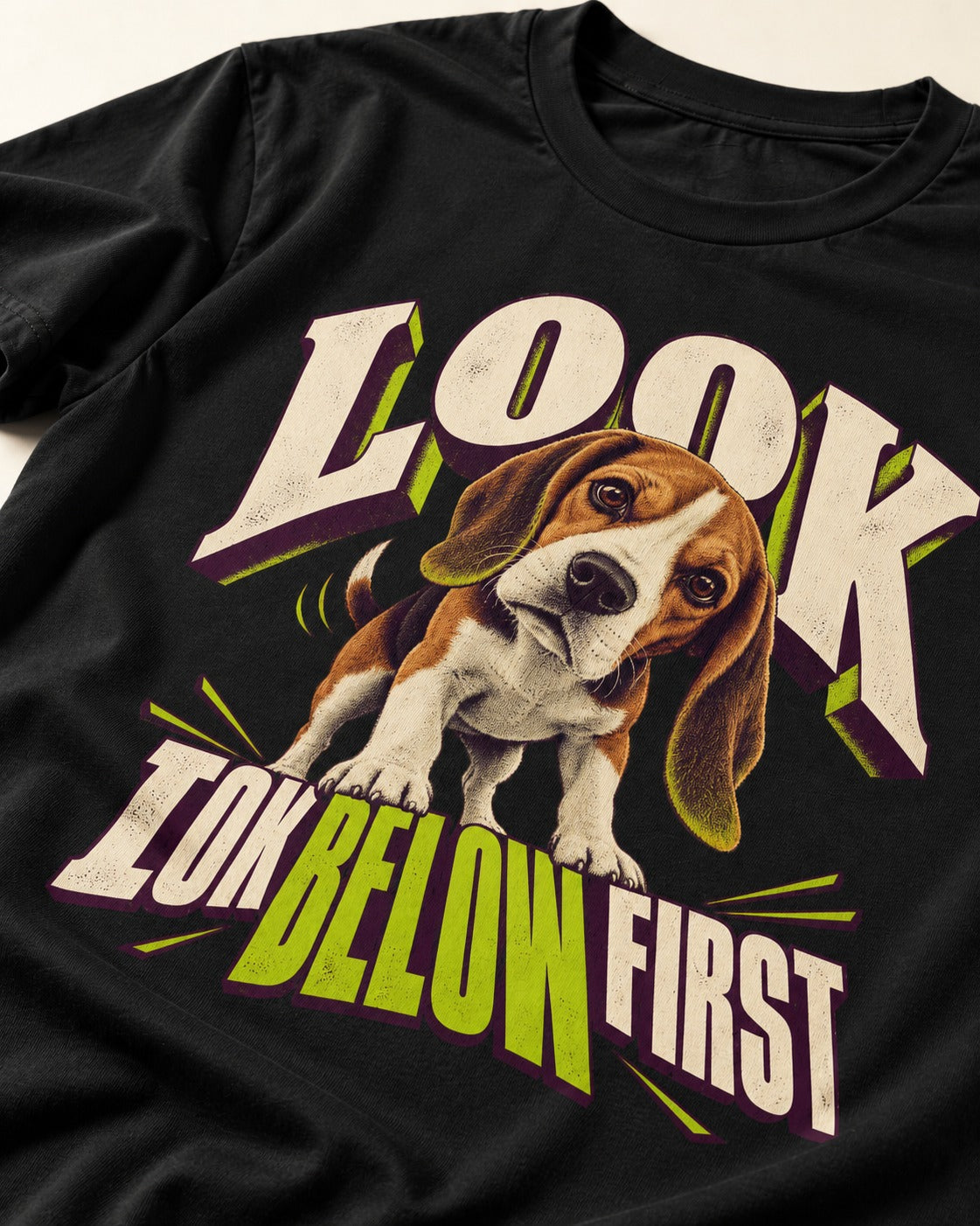 Beagle Look Low Below First T-Shirt in Black, close-up of the graphic