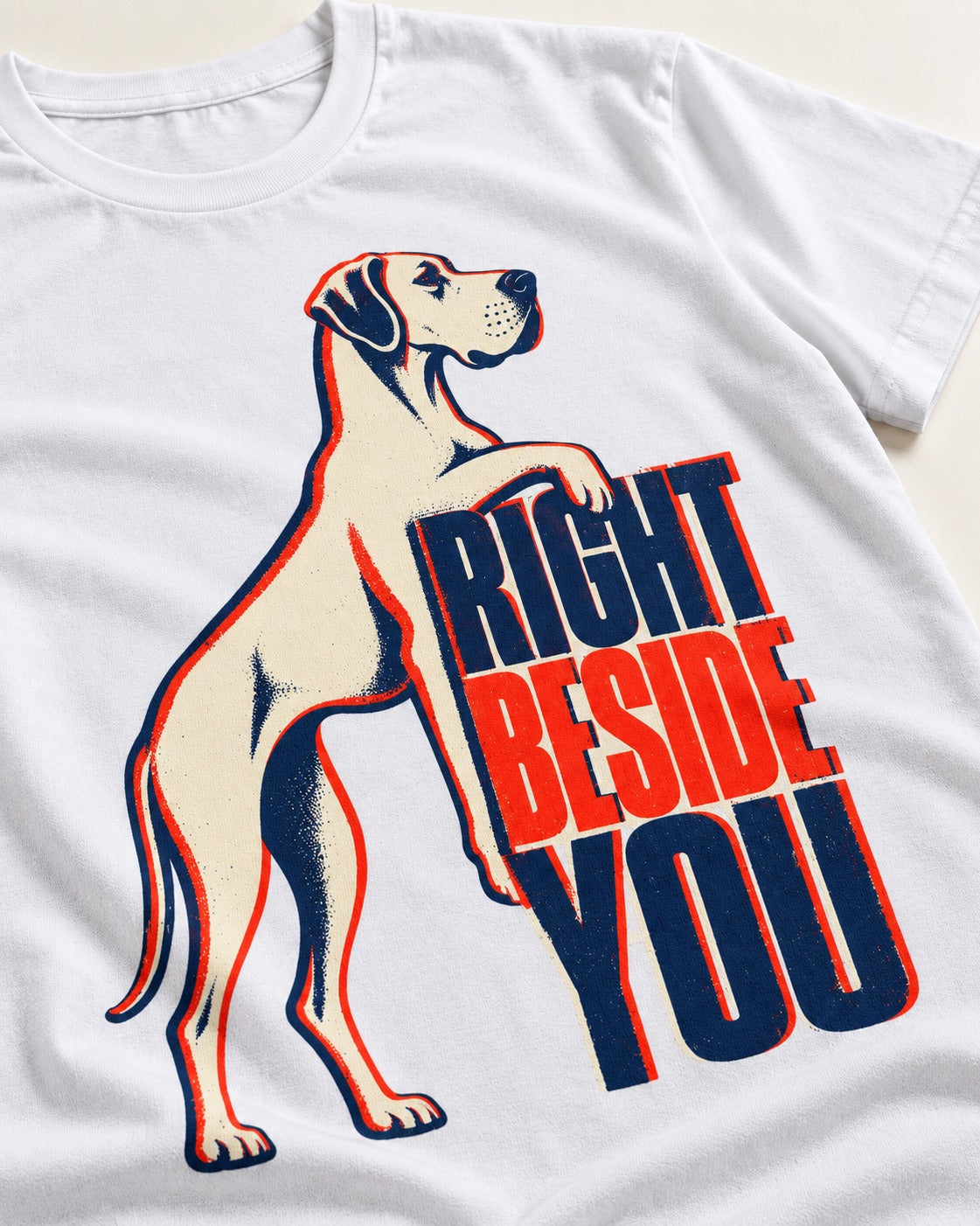 Great Dane Right Beside You T-Shirt in White, close-up of the graphic