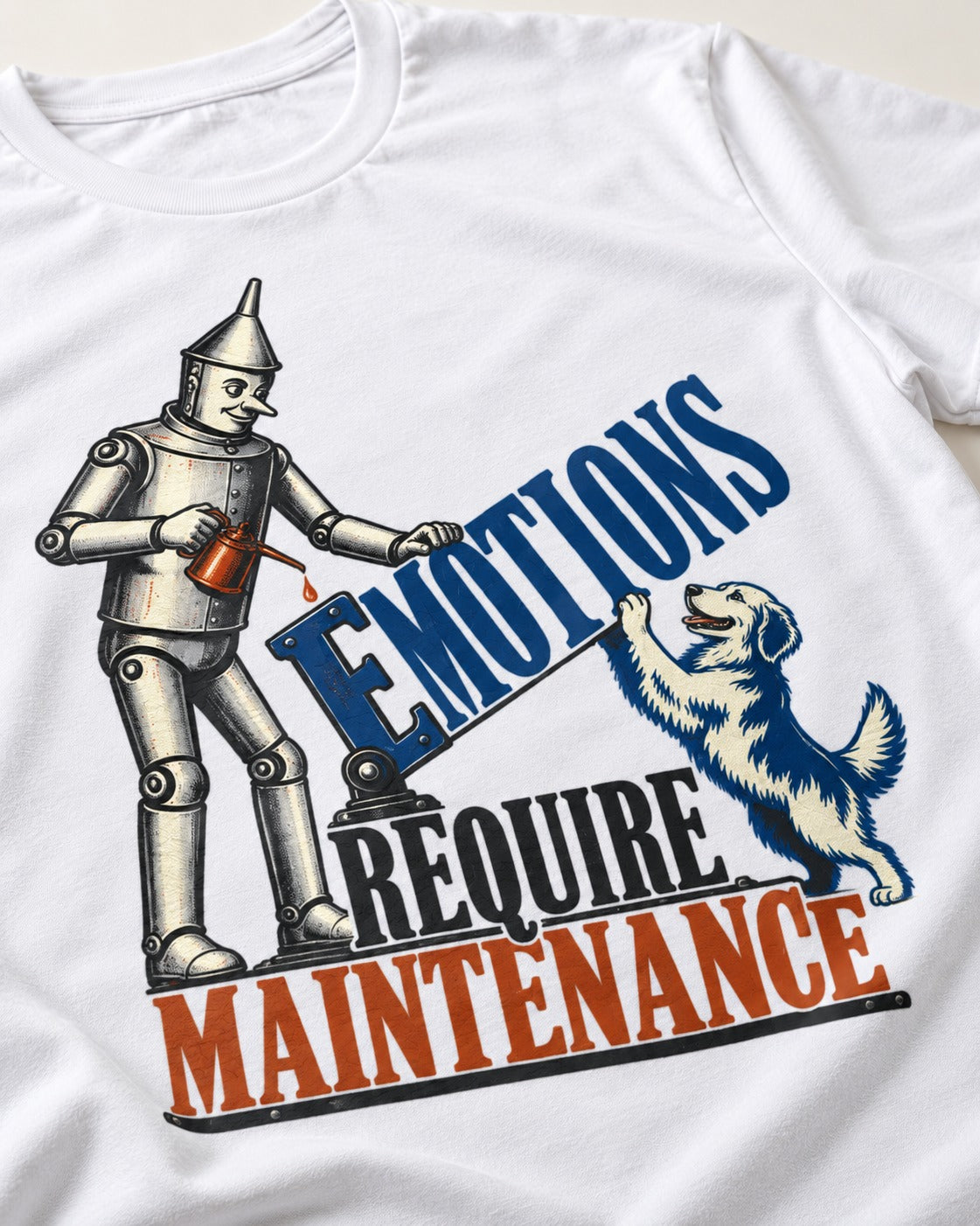 Golden Retriever Emotions Require Maintenance T-Shirt in White, close-up of the graphic