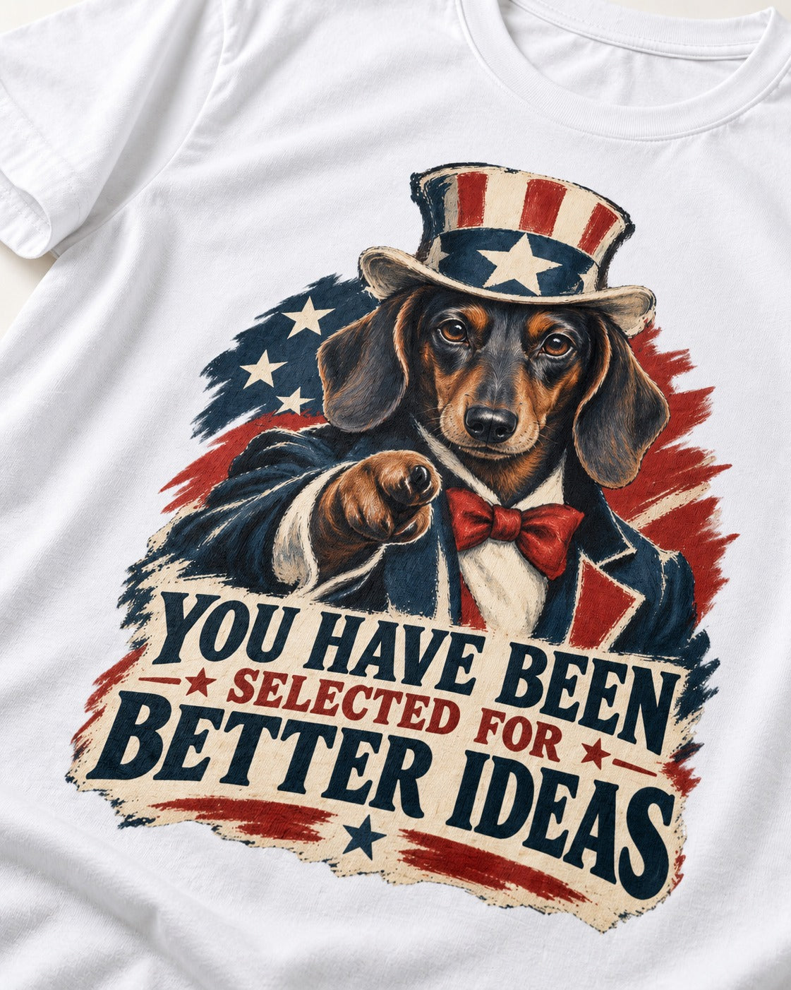 Dachshund Better Ideas T-Shirt in White, close-up of the graphic