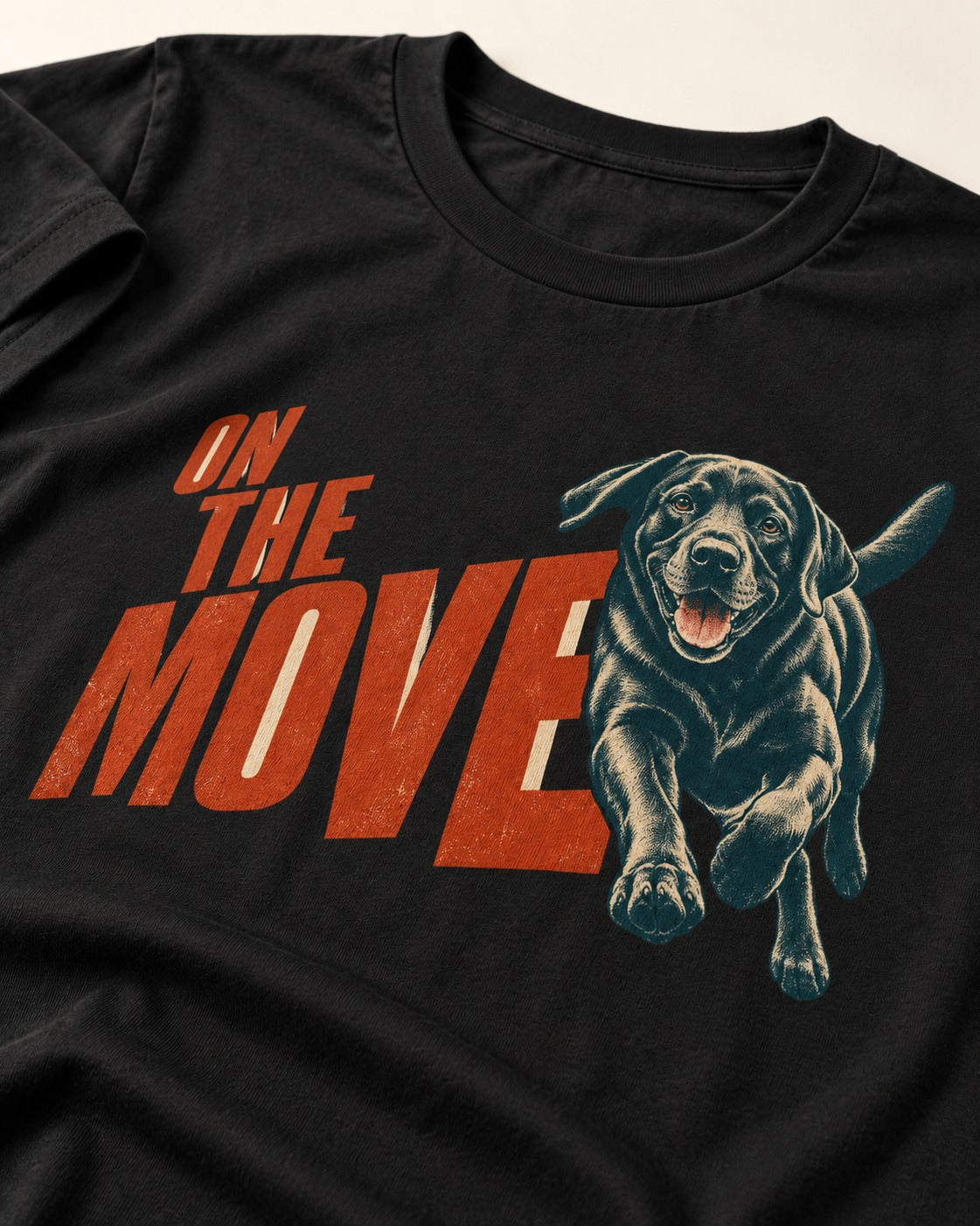 Labrador Retriever On the Move Running Graphic T-Shirt in Black, close-up of the graphic