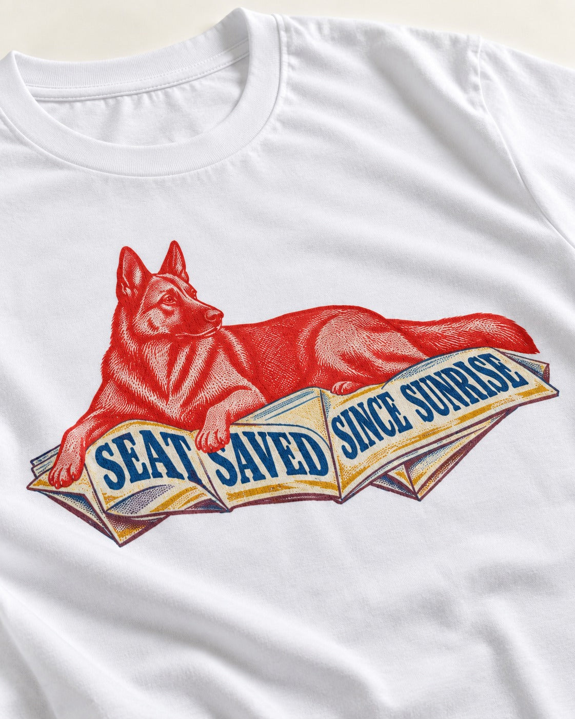 Seat Saved Since Sunrise German Shepherd Dog T-Shirt in White, close-up of the graphic