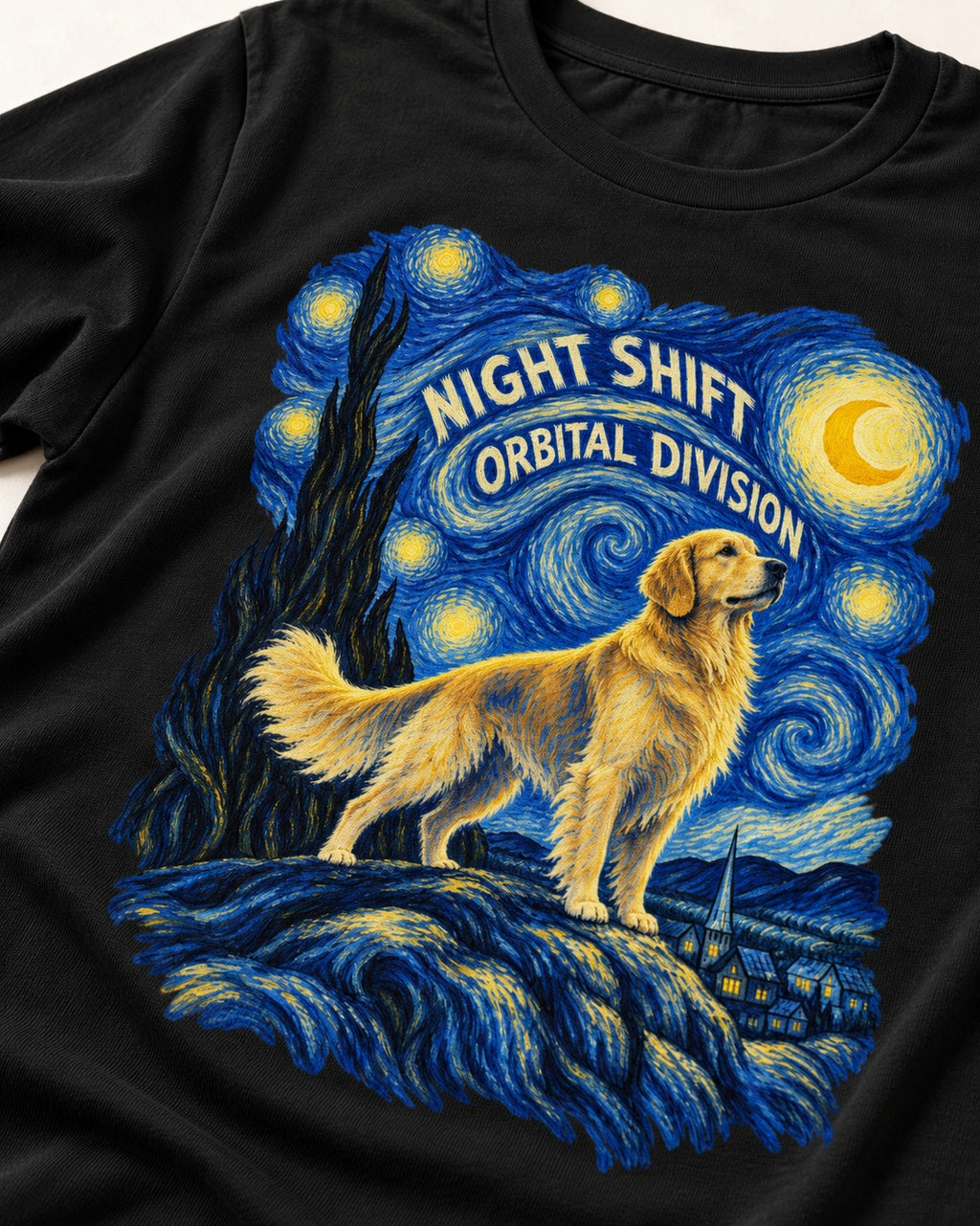 Night Shift Orbital Division Starry Night Golden Retriever Graphic T-Shirt in Black, close-up of the graphic