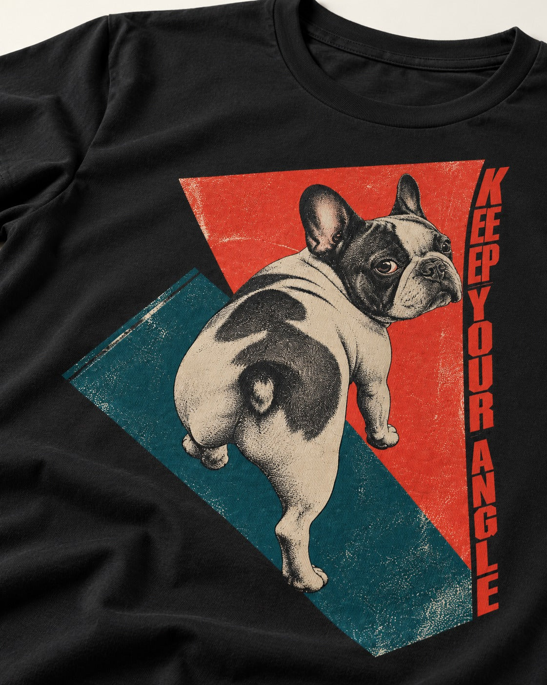 Frenchie Keep Your Angle Geometric Graphic T-Shirt in Black, close-up of the graphic
