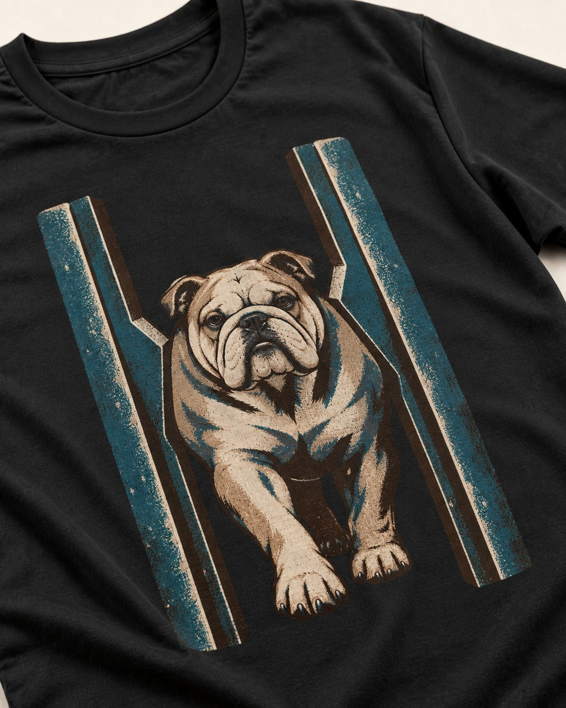 English Bulldog Walking Through Teal Gate Graphic T-Shirt in Black, close-up of the graphic