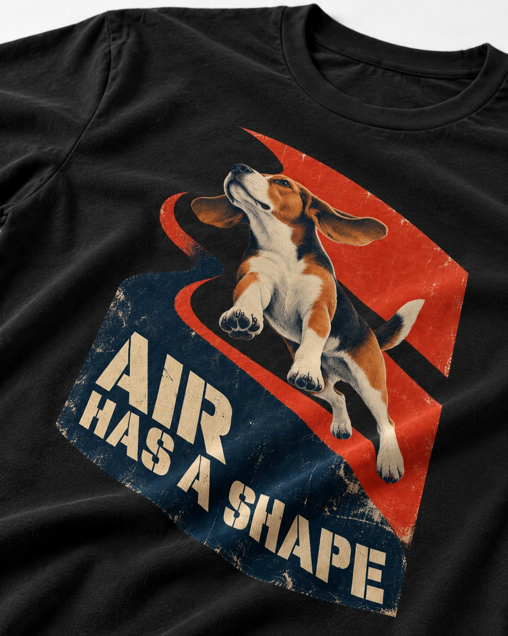 Air Has A Shape Beagle Jumping Graphic T-Shirt in Black, close-up of the graphic