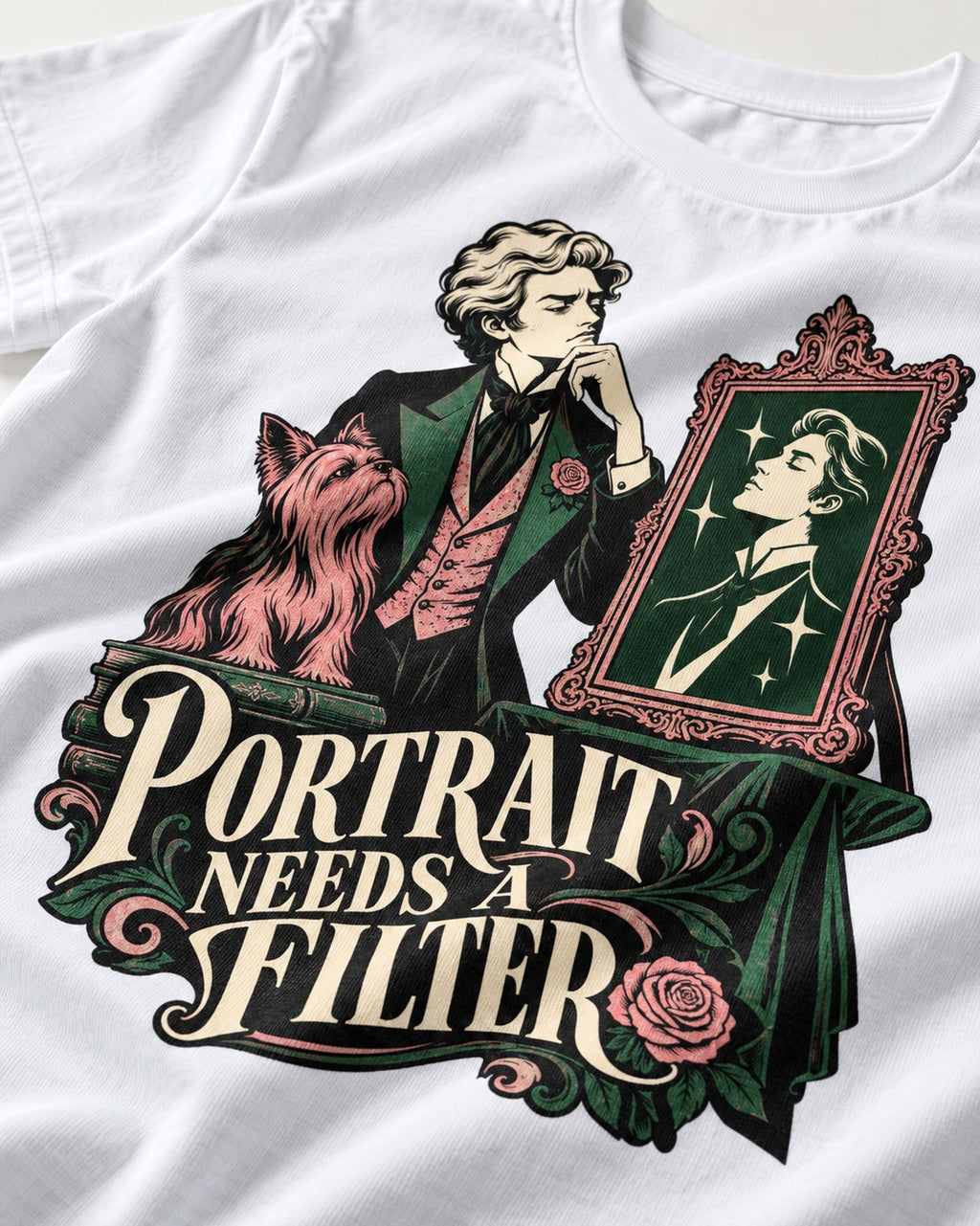 Yorkshire Terrier Needs a Filter T-Shirt in White, close-up of the graphic