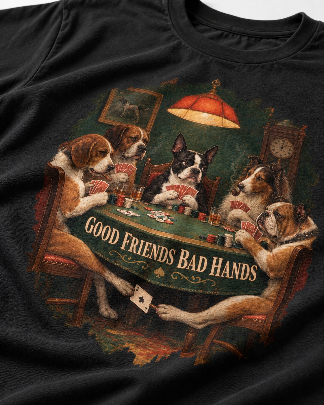 Good Friends Bad Hands Boston Terrier Poker Night T-Shirt in Black, close-up of the graphic
