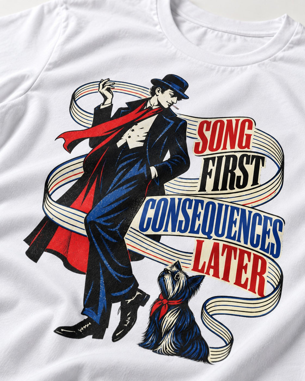 Yorkshire Terrier Song First Consequences Later T-Shirt in White, close-up of the graphic