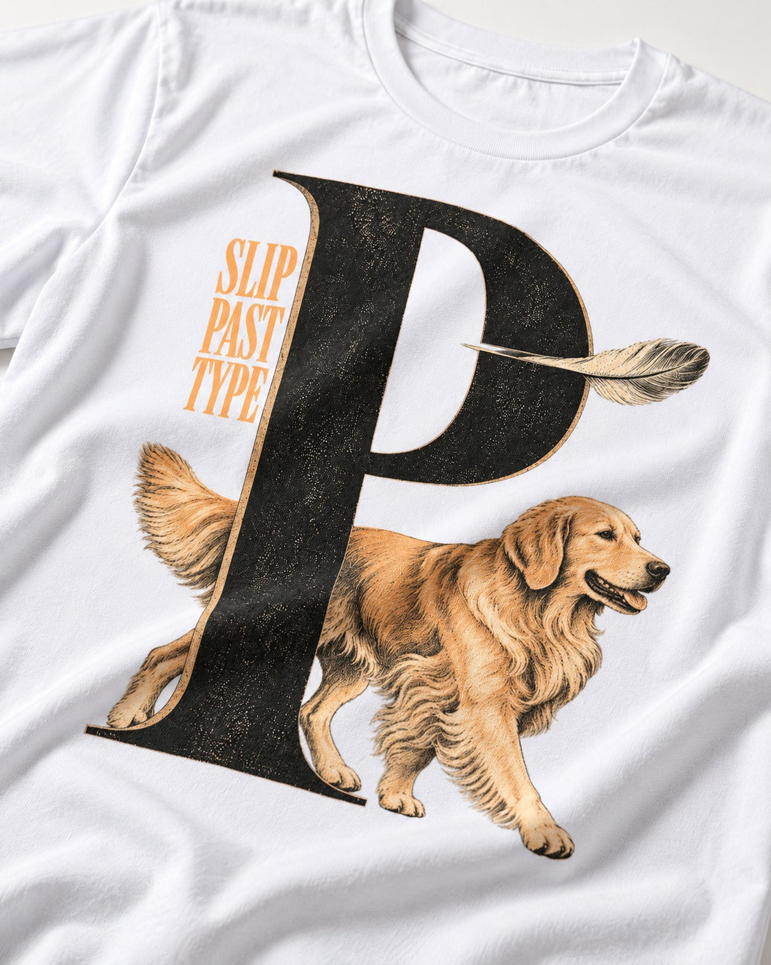 Golden Retriever Slip Past Type T-Shirt in White, close-up of the graphic