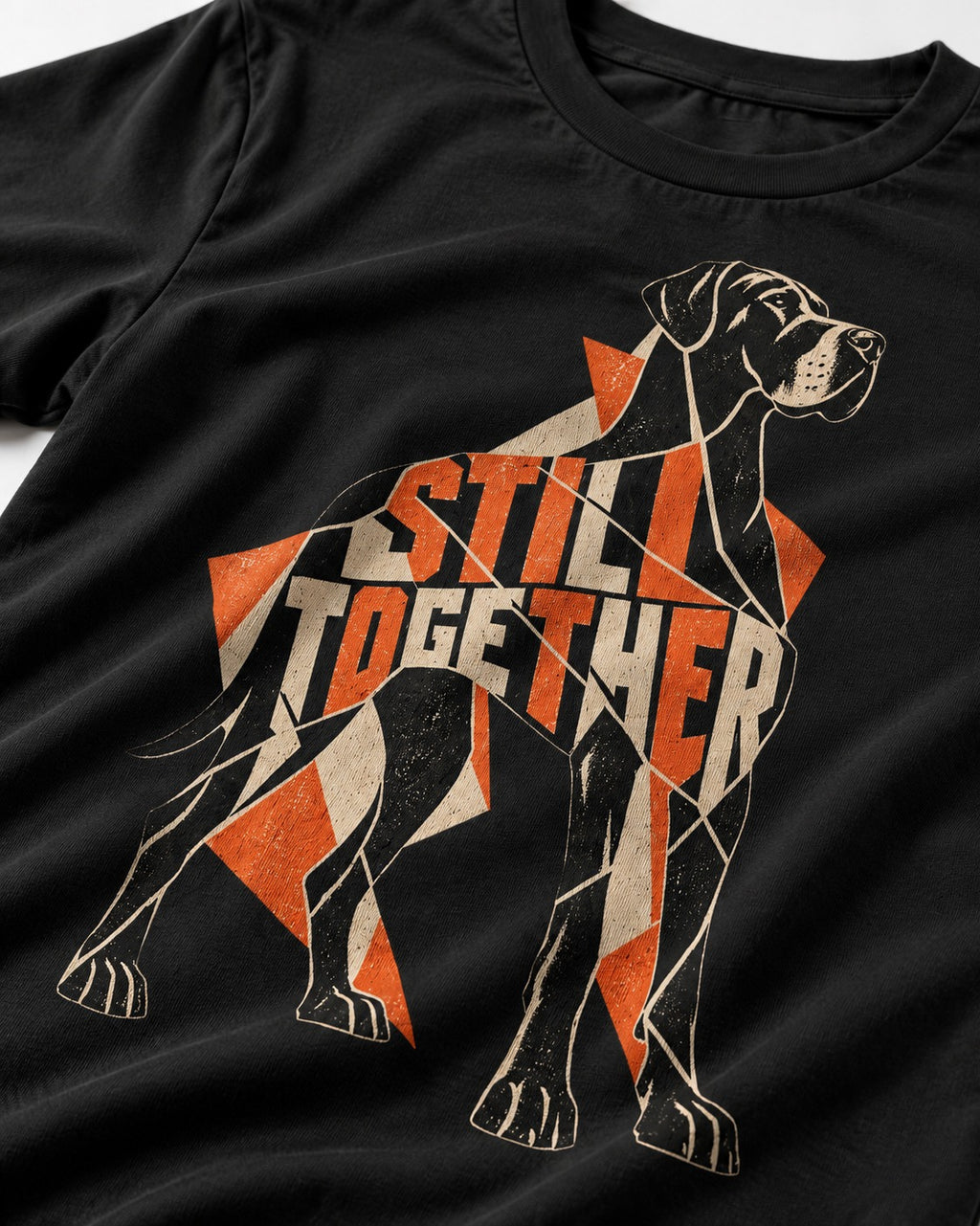 Great Dane Still Together Geometric Mosaic Graphic T-Shirt in Black, close-up of the graphic