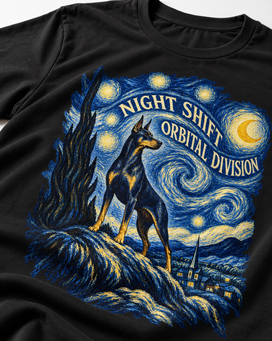 Doberman Night Shift Orbital Division Starry Night Graphic T-Shirt in Black, close-up of the graphic