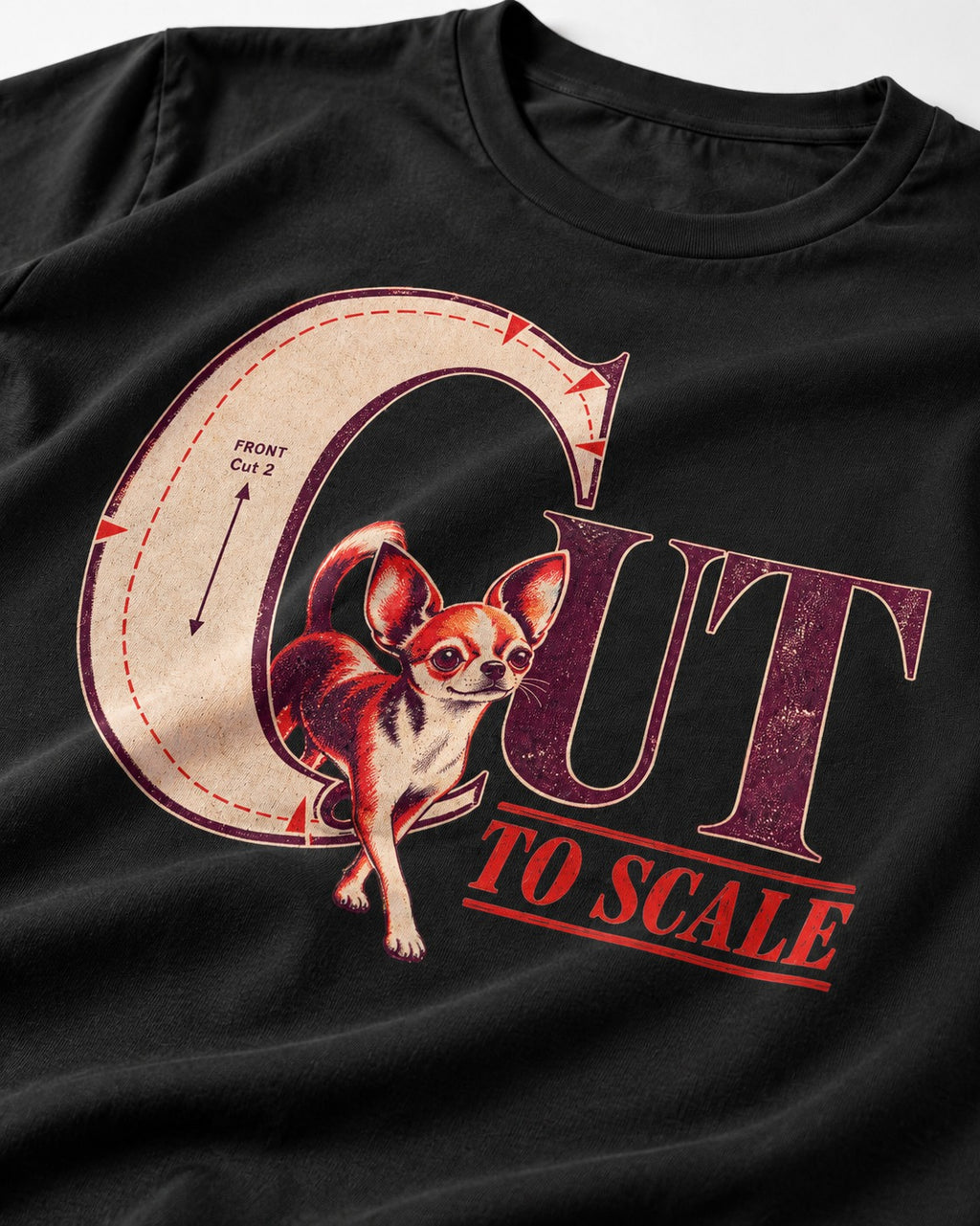 Chihuahua Cut to Scale Sewing Pattern Graphic T-Shirt in Black, close-up of the graphic