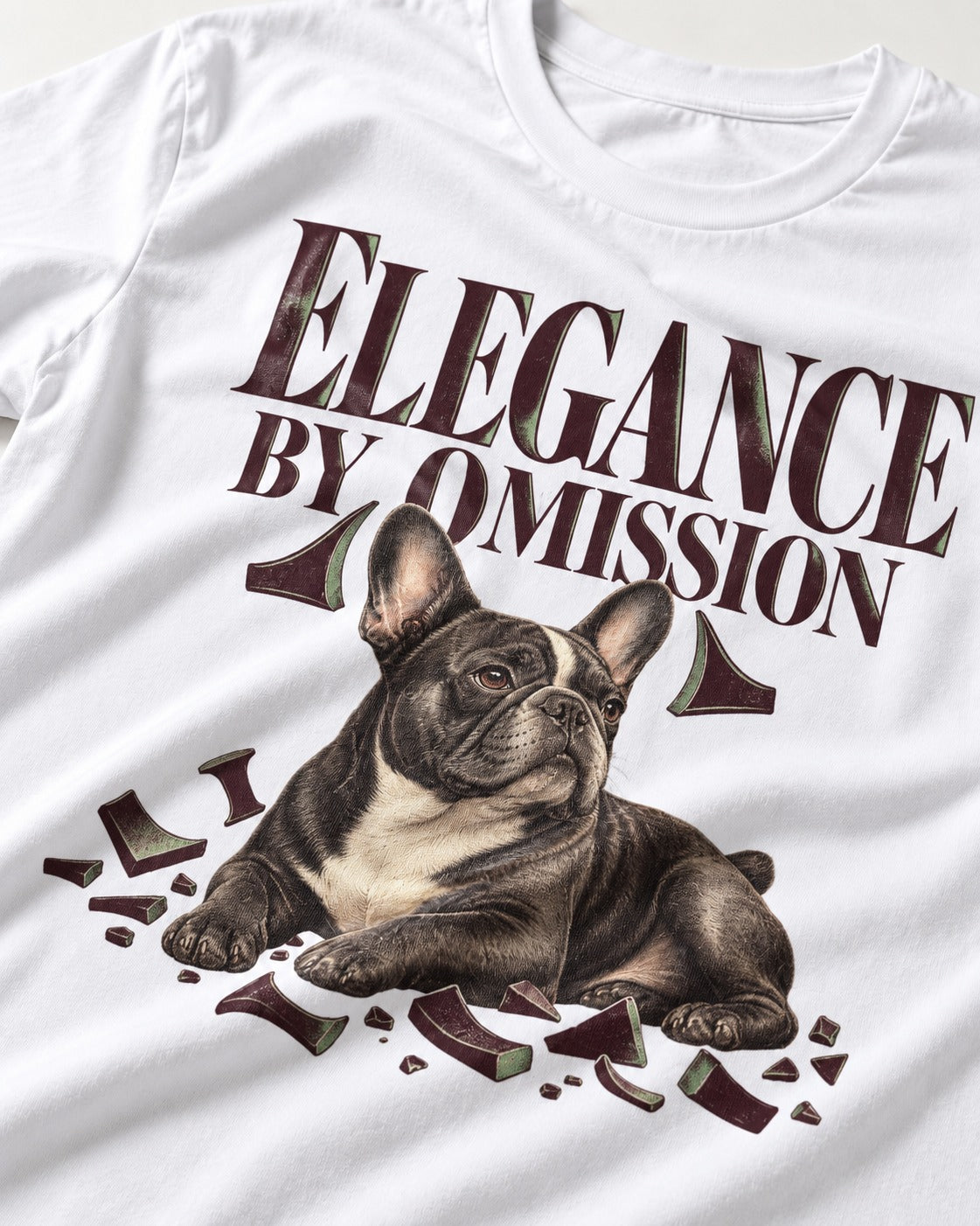 Frenchie Elegance by Omission T-Shirt in White, close-up of the graphic