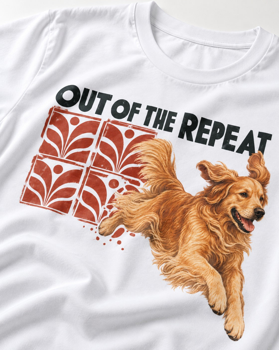 Golden Retriever Out of the Repeat T-Shirt in White, close-up of the graphic