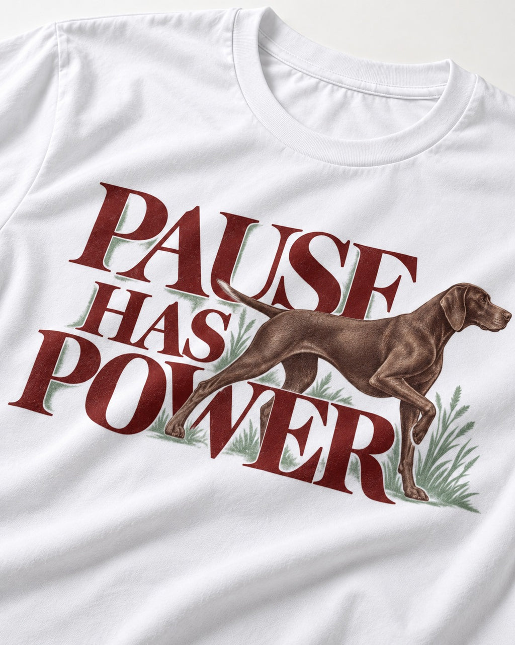 Pause Has Power German Shorthaired Pointer T-Shirt in White, close-up of the graphic