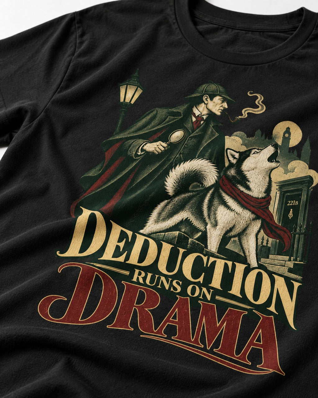 Husky Deduction Runs on Drama Detective Graphic T-Shirt in Black, close-up of the graphic
