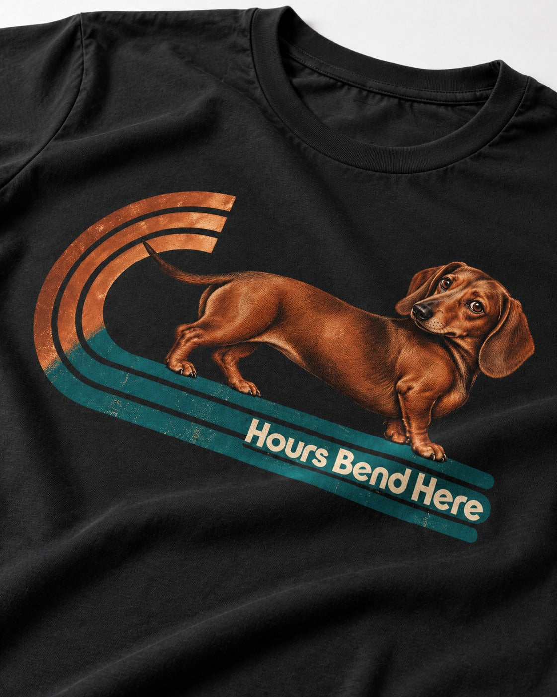 Dachshund Hours Bend Here Retro Track Graphic T-Shirt in Black, close-up of the graphic