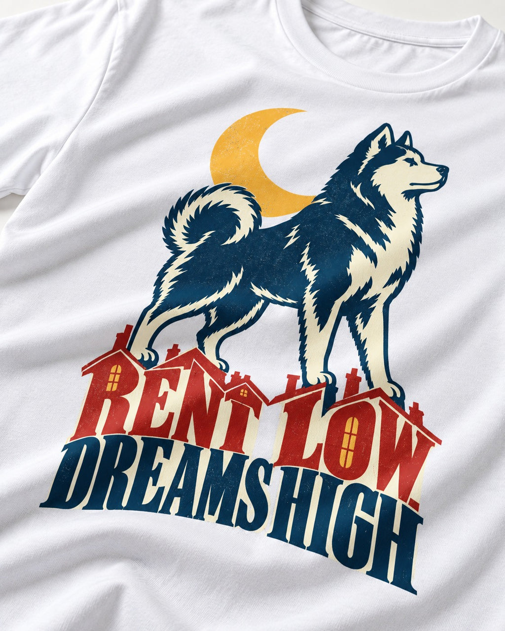 Husky Dreams High T-Shirt in White, close-up of the graphic