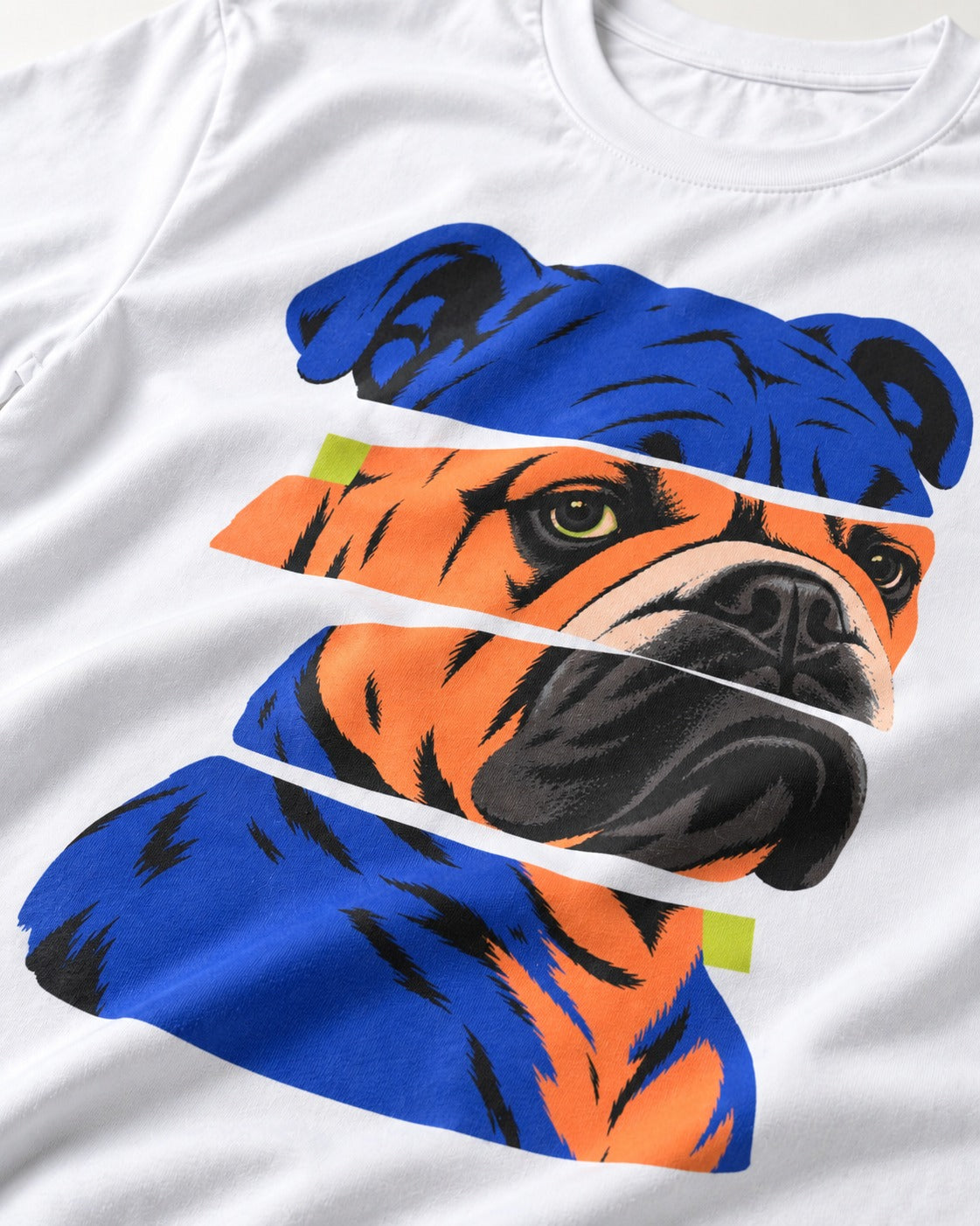 English Bulldog Unbreakable T-Shirt in White, close-up of the graphic