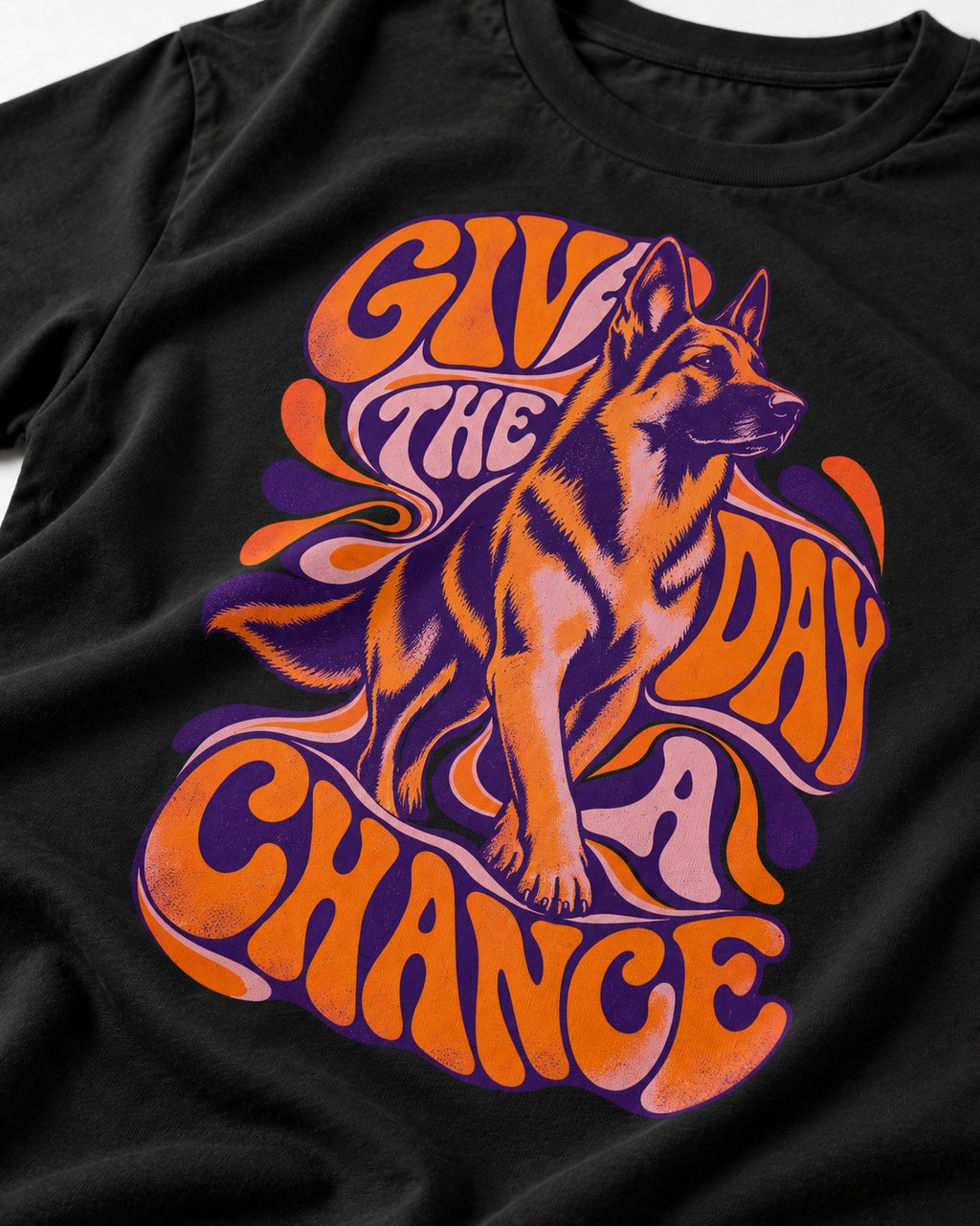 Give The Day A Chance Psychedelic German Shepherd Dog Graphic T-Shirt in Black, close-up of the graphic