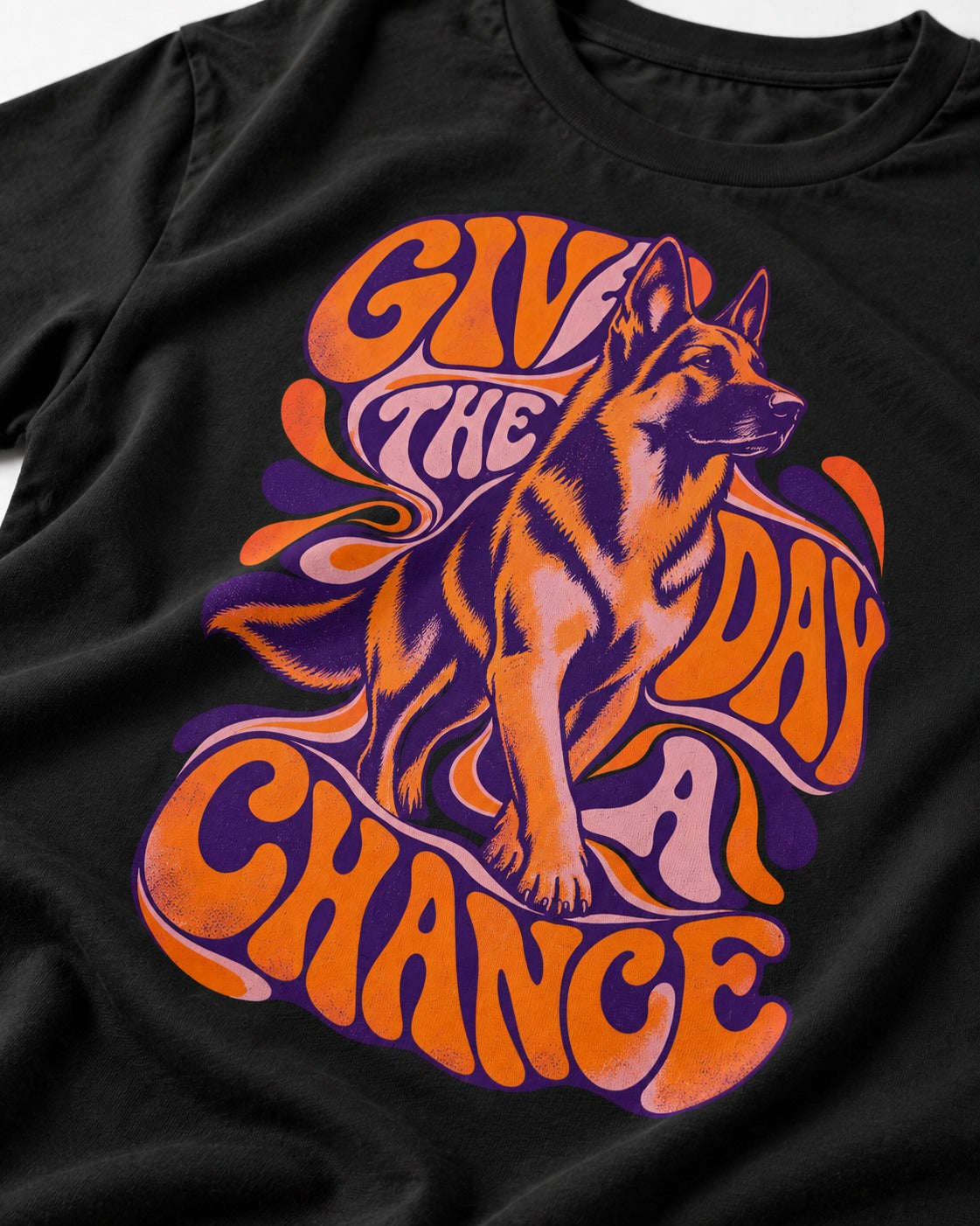 Give The Day A Chance Psychedelic German Shepherd Dog Graphic T-Shirt in Black, close-up of the graphic