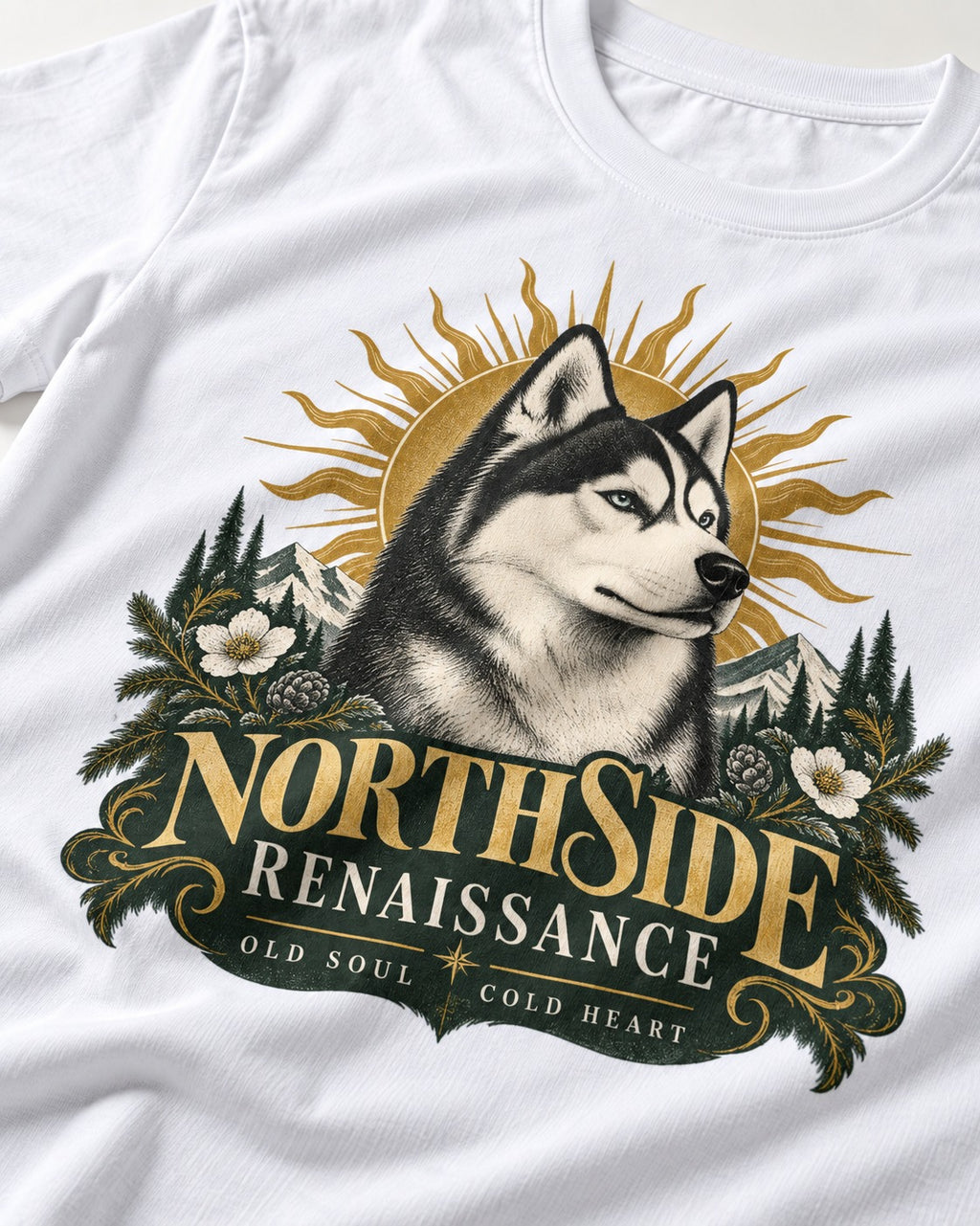 Northside Renaissance Husky T-Shirt in White, close-up of the graphic