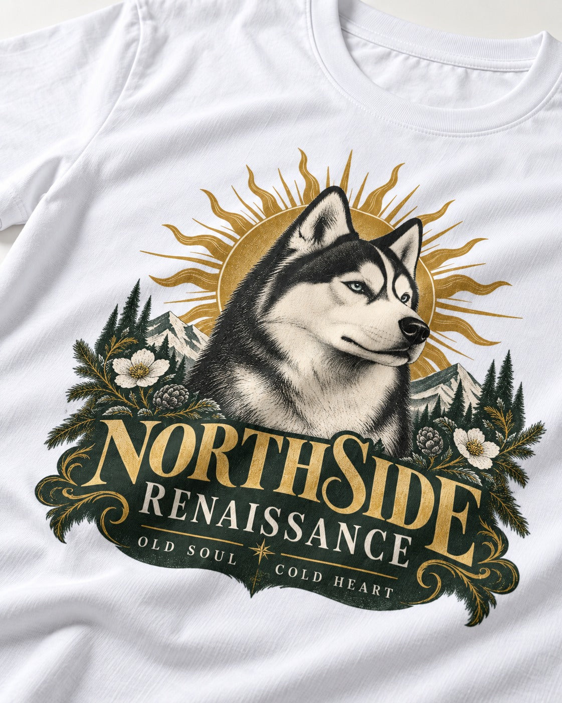 Northside Renaissance Husky T-Shirt in White, close-up of the graphic