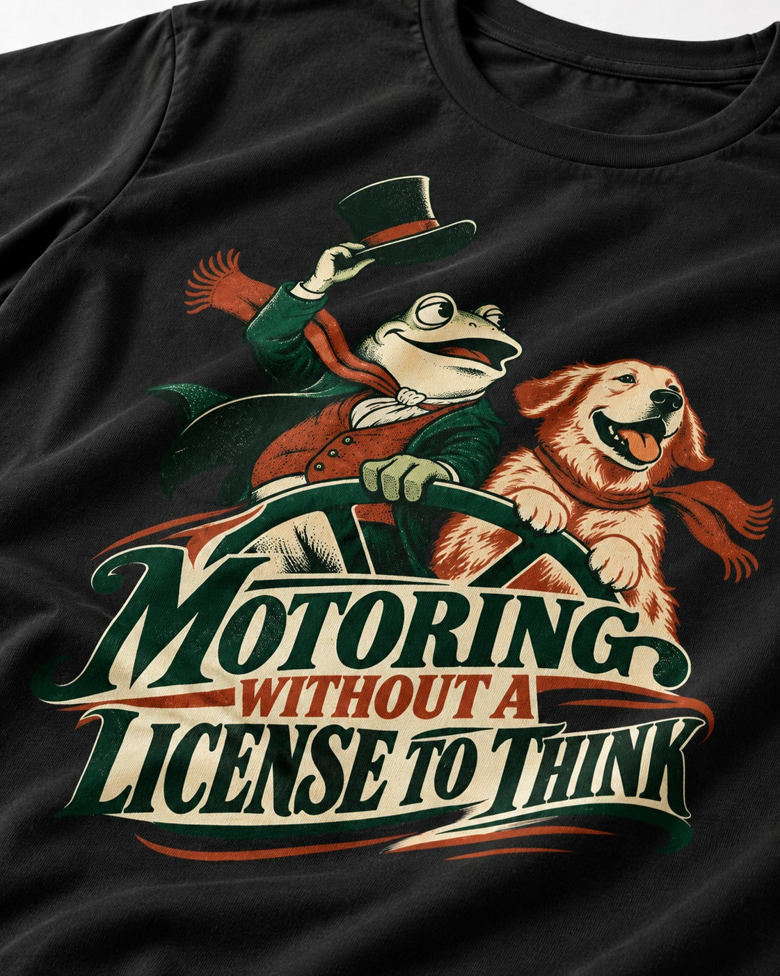 Golden Retriever Motoring Without a License to Think Driving Graphic T-Shirt in Black, close-up of the graphic