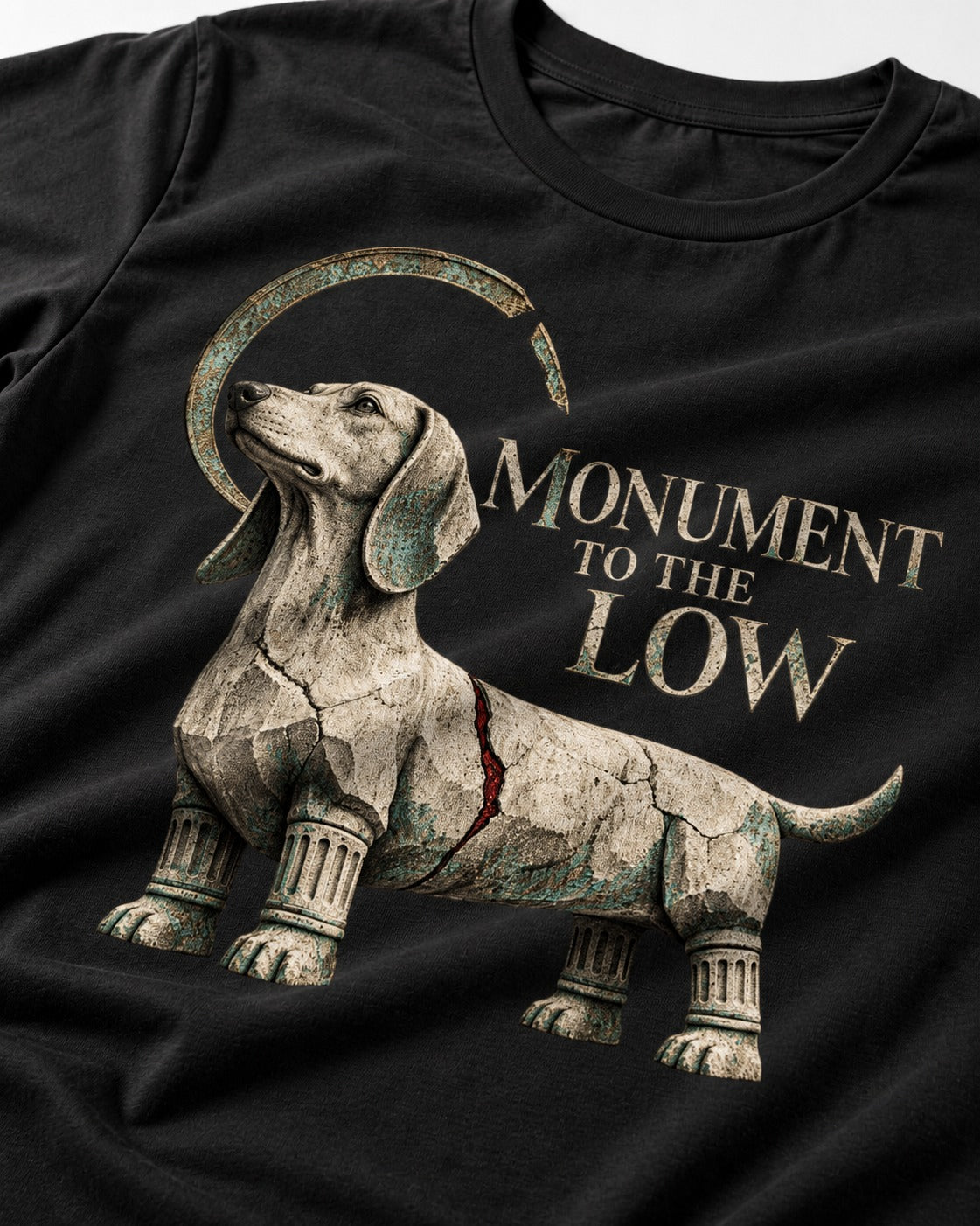 Dachshund Monument to the Low Stone Statue Graphic T-Shirt in Black, close-up of the graphic