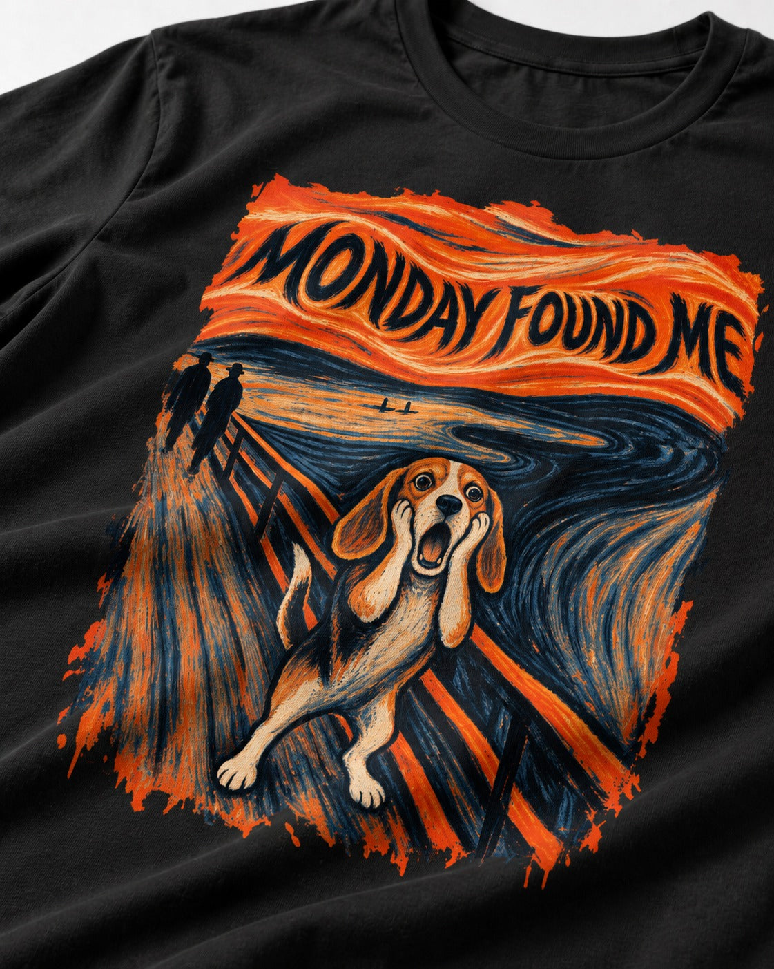 Monday Found Me Beagle Scream Scene T-Shirt in Black, close-up of the graphic