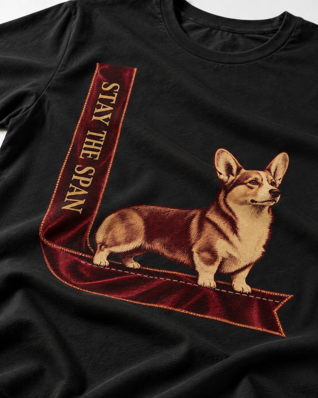 Corgi Stay the Span Ribbon T-Shirt in Black, close-up of the graphic