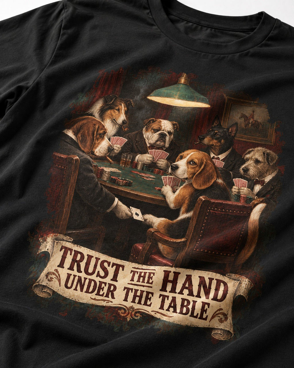 Trust The Hand Under The Table Beagle Poker Night T-Shirt in Black, close-up of the graphic
