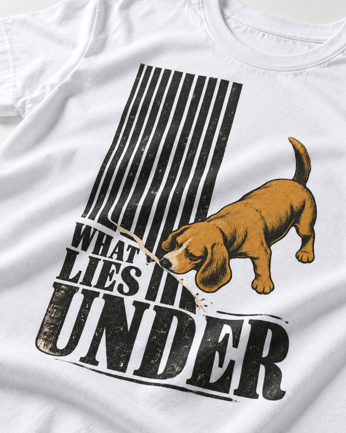 Beagle Knows What Lies Under T-Shirt in White, close-up of the graphic