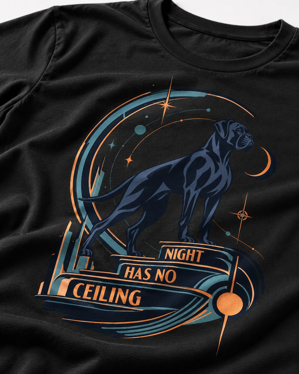 Night Has No Ceiling Boxer Cosmic Graphic T-Shirt in Black, close-up of the graphic