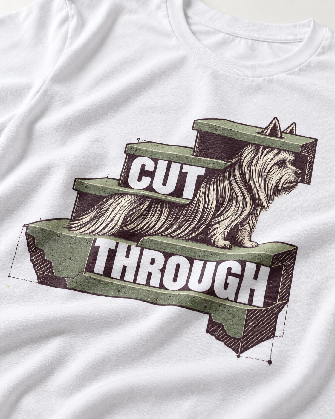 Yorkshire Terrier Cut Through T-Shirt in White, close-up of the graphic