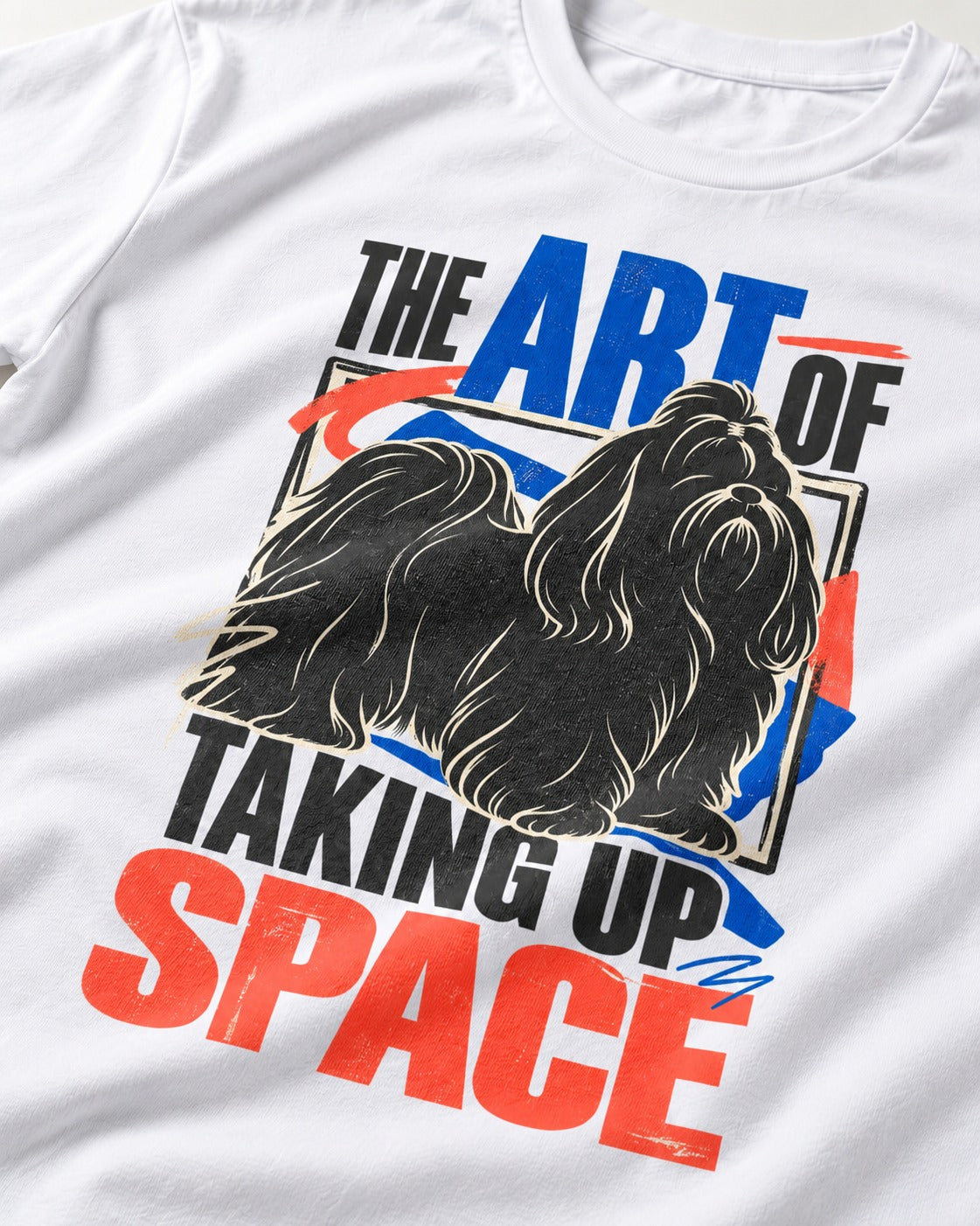 Shih Tzu Taking Up Space T-Shirt in White, close-up of the graphic