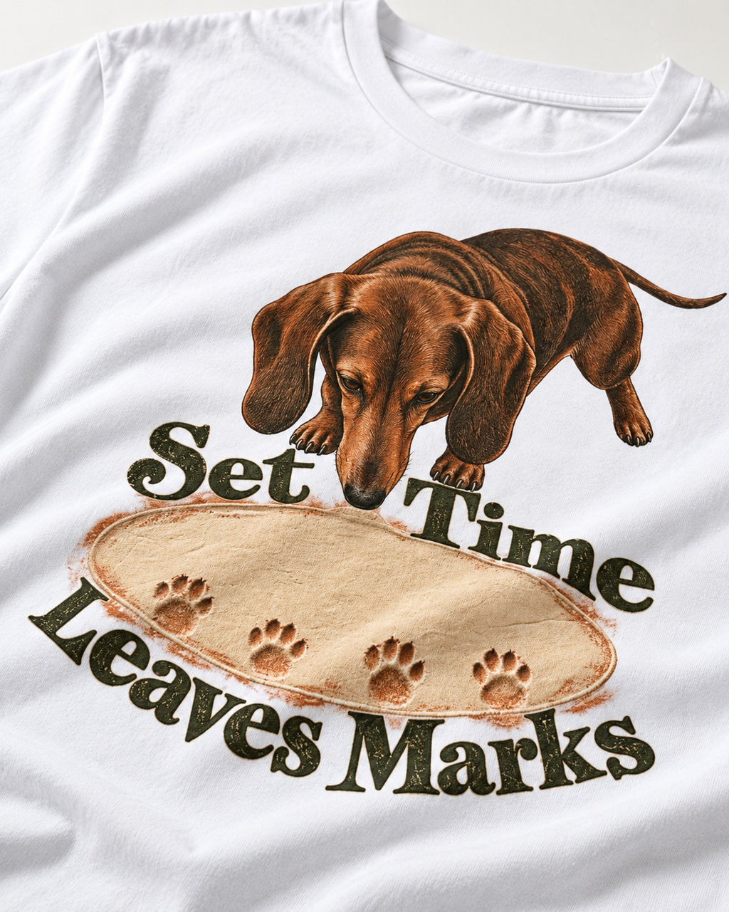 Dachshund Time Leaves Marks T-Shirt in White, close-up of the graphic
