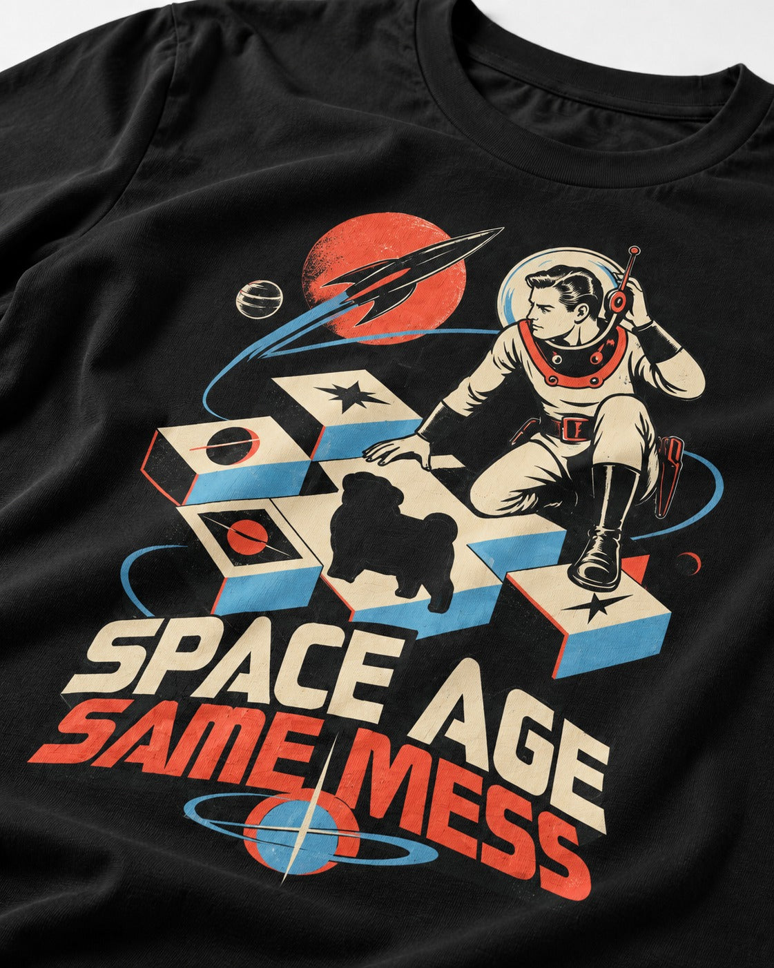 Pug Space Age Same Mess Astronaut Graphic T-Shirt in Black, close-up of the graphic