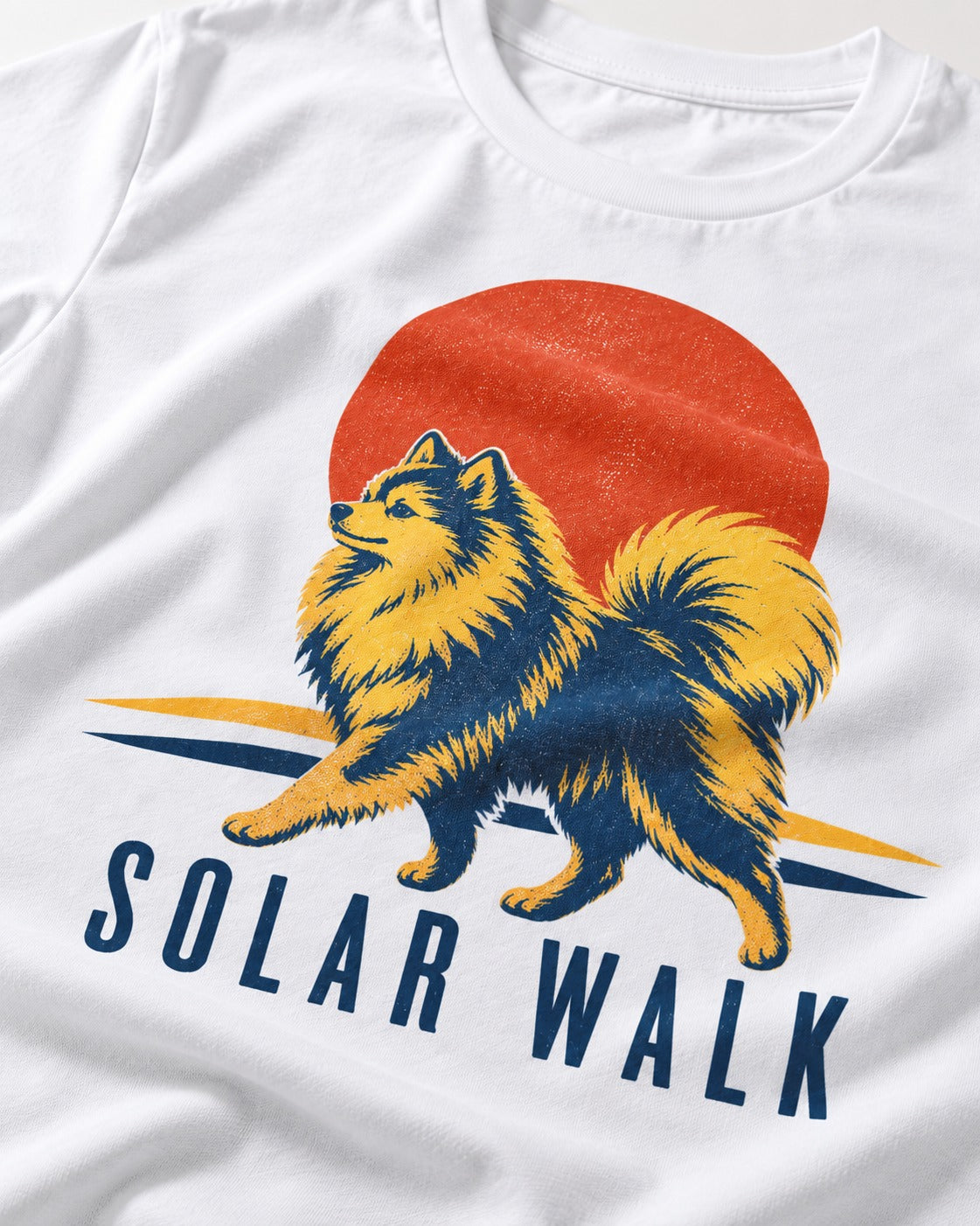 Pomeranian Solar Walk T-Shirt in White, close-up of the graphic